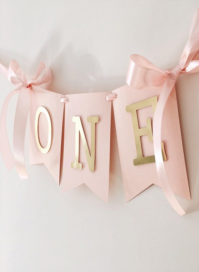 Haoser High Chair Banner for Girl 1st Birthday - Blush Pink & Gold "ONE" Banner for Baby Girl First Birthday Decorations, Toddler 1 Year Party Decor, Cake Smash Photo Prop, 3 Pennants 3.9 x 5.3 Inch - Image 1